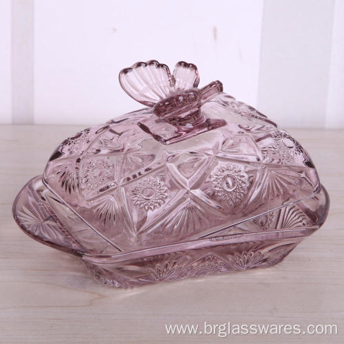Embossed Glass Butter Dish With Lid